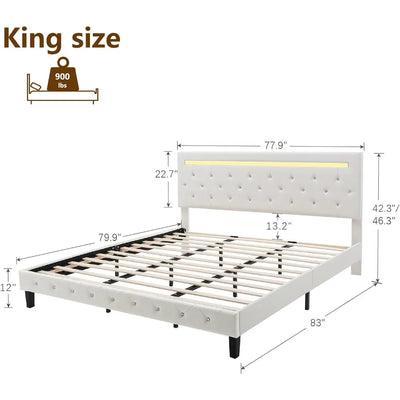 Bed Frame with LED Lights, Upholstered Platform Bed Frame, Adjustable Headboard with Charging Station, Wooden Slats Support
