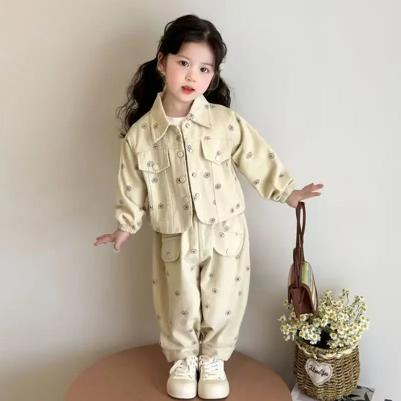 Girls Coat and Pants Two Piece Set 2025 Spring and Autumn New Korean Fashion Floral Casual Coat and Pants Two Piece Set Trend
