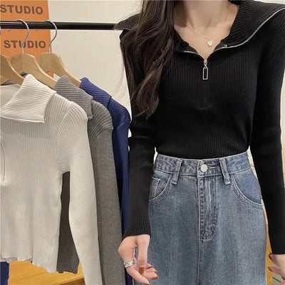 Zip Half Open Collar Knitted Sweater Spring and Autumn Long Sleeve Slim Bottom Shirt Women's Chic Top Pullover Y2k Korean Pulls