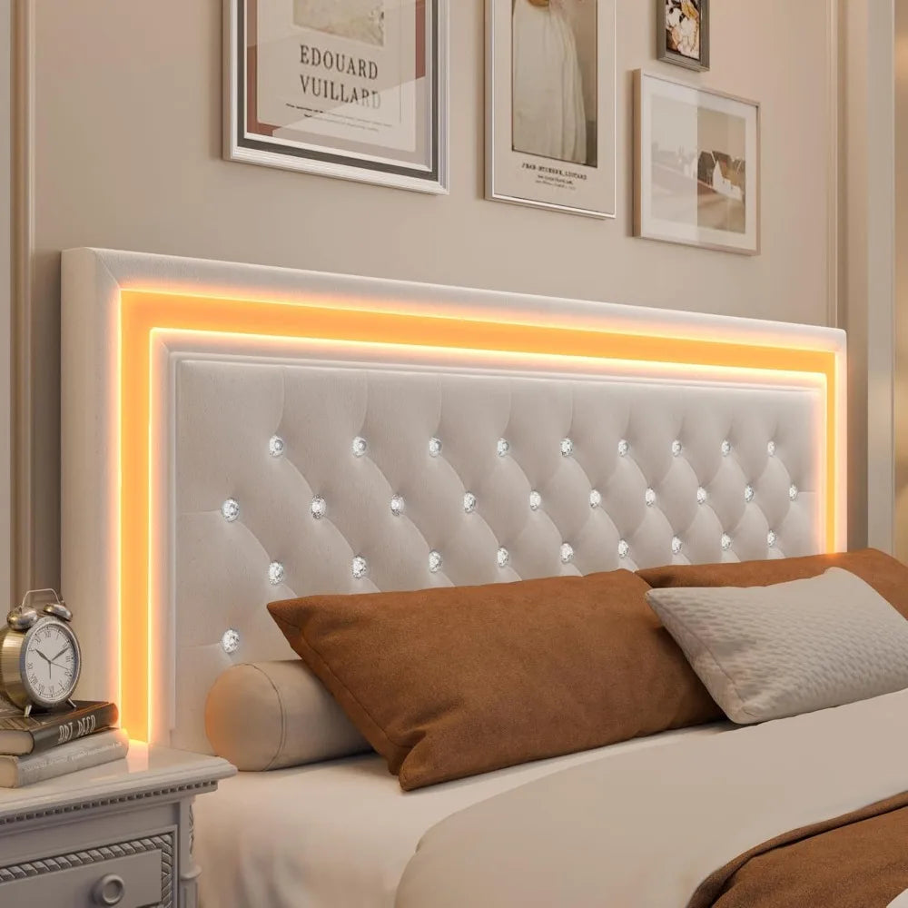 Queen LED Bed Frame, Upholstered Bed with 4 Drawers, Adjustable Upholstered Headboard Diamond Bed Frame, No Box Spring Needed