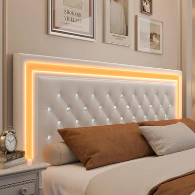 Queen LED Bed Frame, Upholstered Bed with 4 Drawers, Adjustable Upholstered Headboard Diamond Bed Frame, No Box Spring Needed