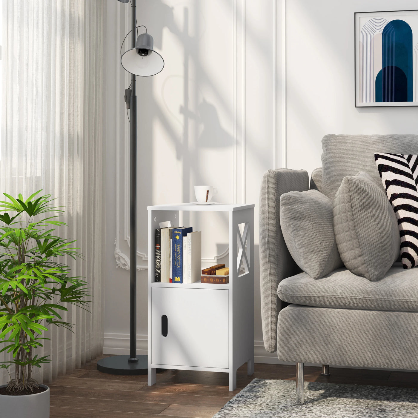 2PCS/SET Modern Nightstand 30x60x30cm Narrow White Bedside Table with 1 Open Compartment Door Cabinet Storage for Bedroom