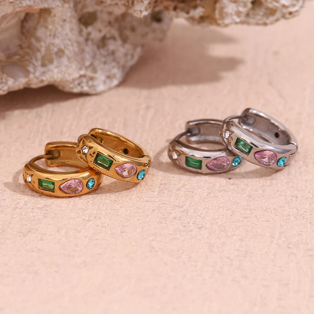 E.B.belle Colorful Zircon Hoop Earrings Tarnish Free 18K Gold Plated Earrings for Women 316L Stainless Steel Jewelry