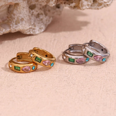 E.B.belle Colorful Zircon Hoop Earrings Tarnish Free 18K Gold Plated Earrings for Women 316L Stainless Steel Jewelry