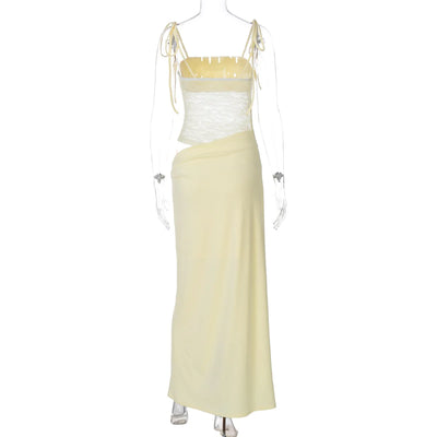 Sexy Bandage Mesh Patchwork Long Dress for Women Lace-up See-through Asymmetrical Evening Party Dresses Lady Gowns High Street
