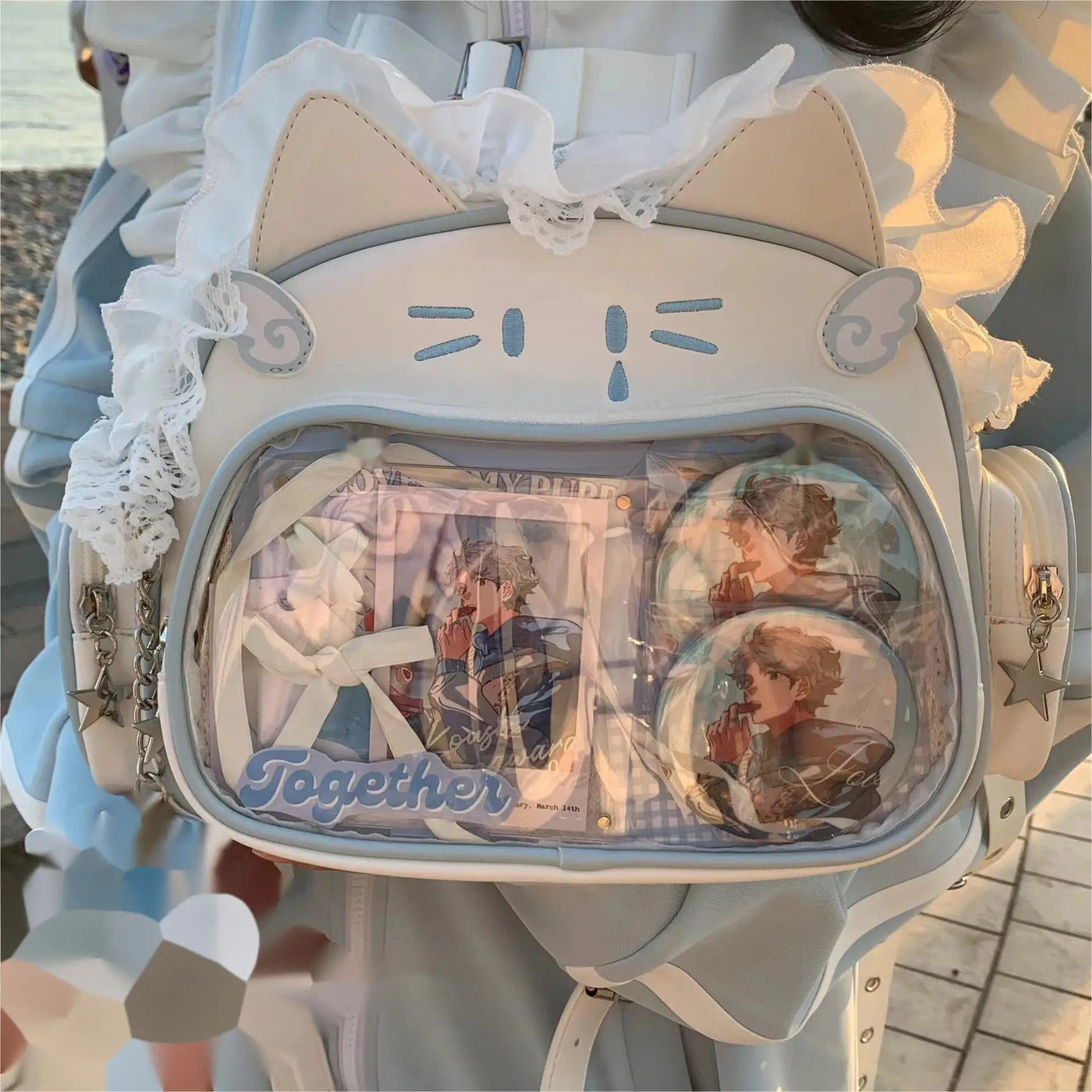 JIAERDI Kawaii Cat Ita Bag Lolita Y2K Backpack Female Cute PU Shoulder Bag Girl Transparent Pocket Harajuku Crossbody Bag Women