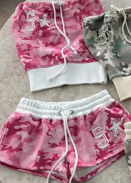 Y2k New Strapless Two Piece Set Women Fashion Summer Camouflage Digital Embroidery Strapless Top Gothic Punk Slim Sexy Shorts