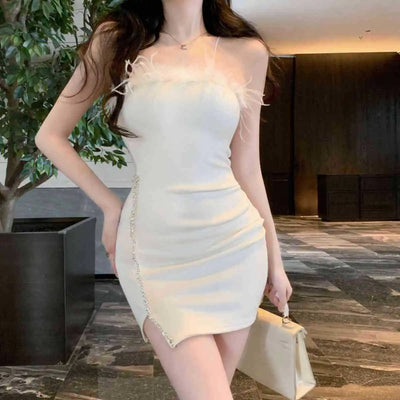 Strapless Dress Women Feather Collar Beaded Slit Birthday Party Wrapped Dresses