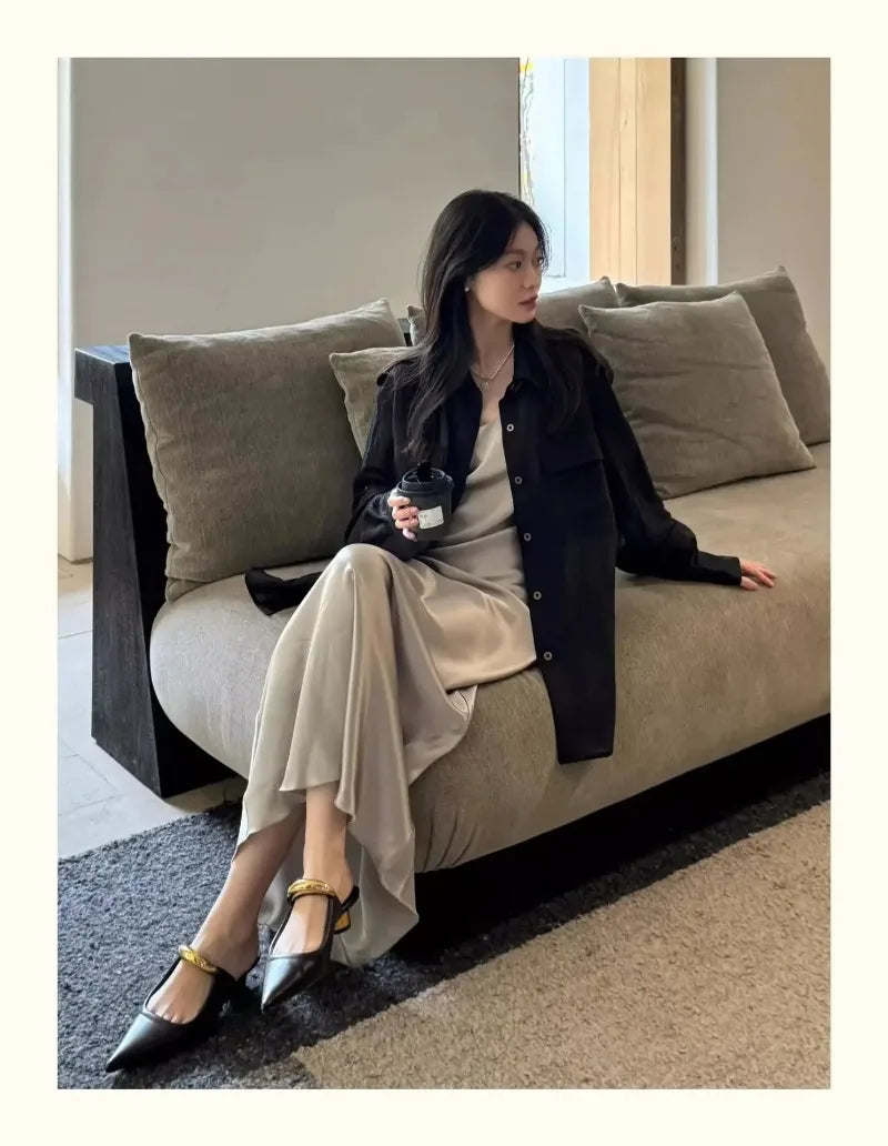 Chunky Pointed Toe Slippers Women Metal Buckle Retro Slides Female Comfy Fashion Low Heel Sandals Designer Mules Pumps Women