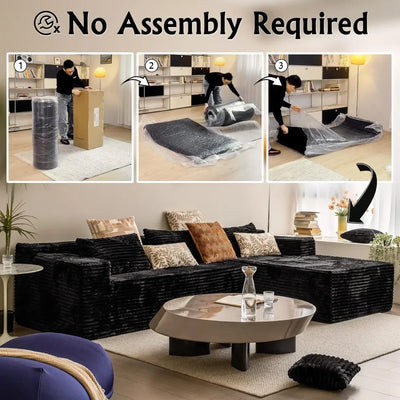 104" Black Corduroy L-Shaped Sectional | Cloud Sofa • Deep Seat • No Assembly | Modern Modular Living Room