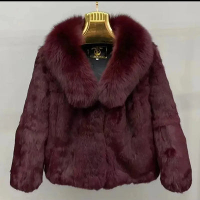 Real Rabbit Fur Coat Women Autumn Winter Short Jacket Thick Warm New Fashion Fox Fur Collar Elegant Female Warm Outerwear