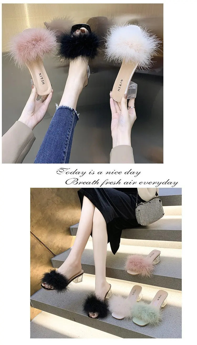 Mules Sandal Women Summer Outdoor Fashion Slippers Square Toe High Heels Office Ladies Feather Slides Chic Classics Furry Shoes