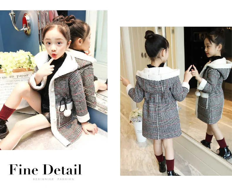 Autumn Winter Girls Hairy Coat Fashion Design Long Coat for Girls Kids Outerwear Grid Pattern Warm Winter Jacket Coats 4-12T