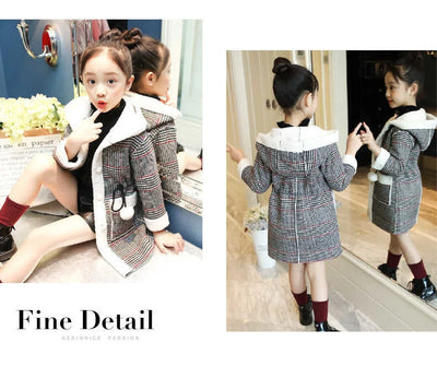 Autumn Winter Girls Hairy Coat Fashion Design Long Coat for Girls Kids Outerwear Grid Pattern Warm Winter Jacket Coats 4-12T