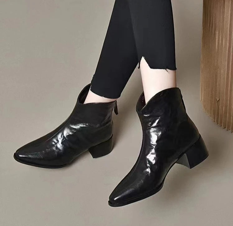Female Short Shoes Pointed Toe Brown Fur Leather Booties Elegant with Medium Heels Women's Ankle Boots Sale Y2k Autumn Chic Boot