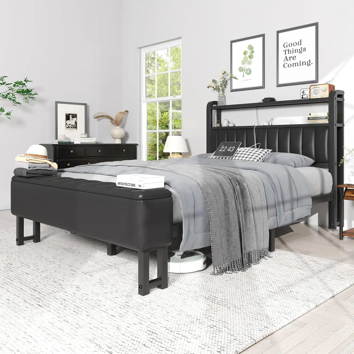 King Size Bed Frame with Star Projector & Charging Station, Metal Upholstered Bed frame with Headboard, Heavy Duty Beds