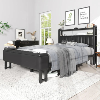 King Size Bed Frame with Star Projector & Charging Station, Metal Upholstered Bed frame with Headboard, Heavy Duty Beds