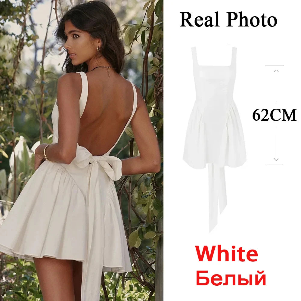 Mingmingxi Summer Mini Backless A Line Dress Sexy White Big Bow Dress Casual Women Birthday Holiday Dress New Arrivals
