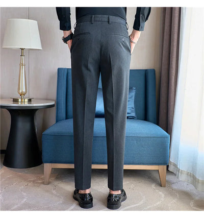 High End Elastic Waistband Suit Pants for Men Embroidered Business Casual Pants Solid Colror Versatile Social Office Trousers