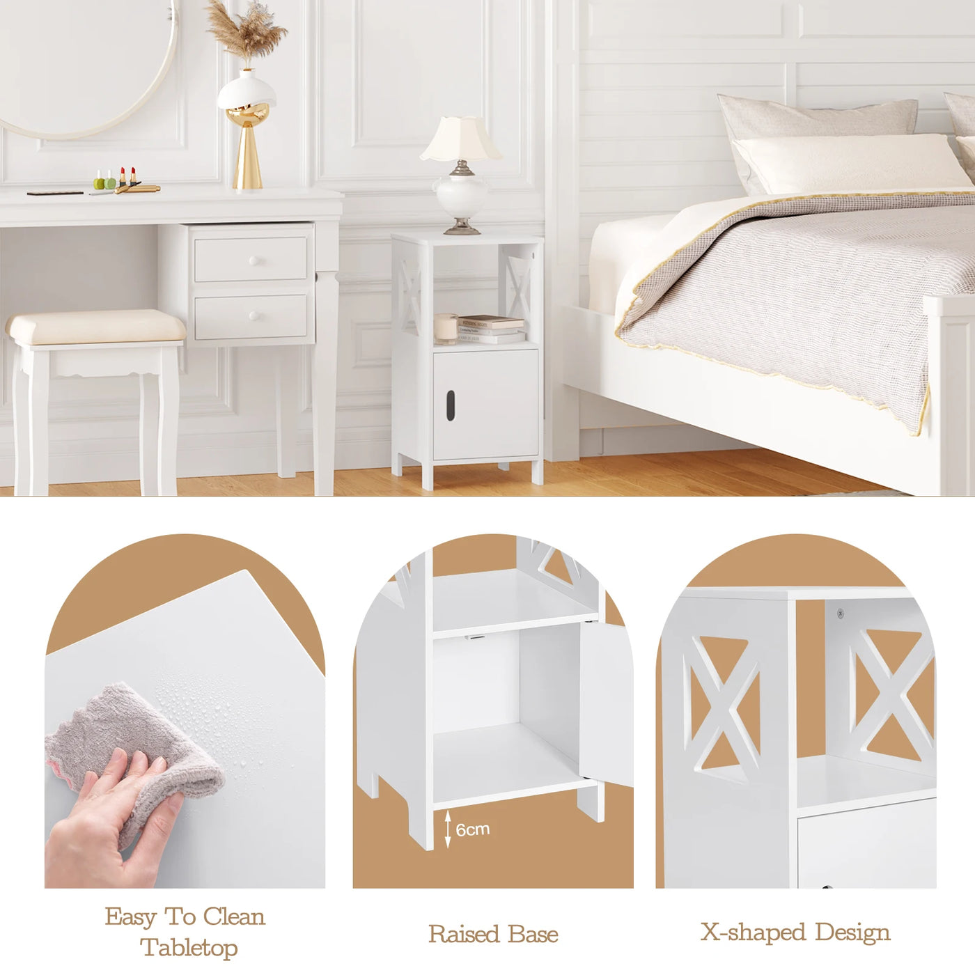 2PCS/SET Modern Nightstand 30x60x30cm Narrow White Bedside Table with 1 Open Compartment Door Cabinet Storage for Bedroom