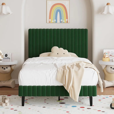Twin Bed Frame, Velvet Upholstered Platform Bed with Vertical Channel Tufted Headboard and Footboard, No Box Spring Required