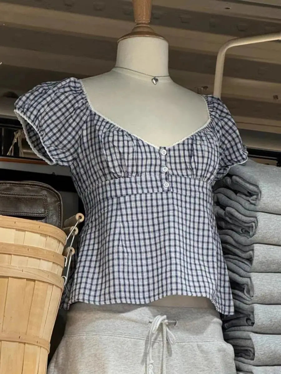 Lace Three-button Plaid Puff Sleeve Short Sleeve T-shirt Women's Summer Sweet Preppy Style Slim Shirt V-neck Short Tops Y2k