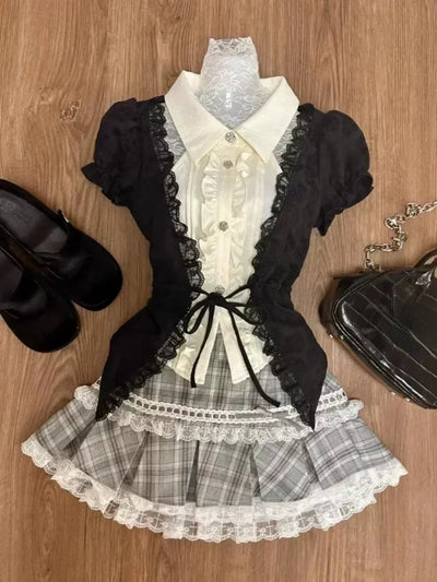 Japanese Sweet Preppy Style 2 Piece Set Women Kawaii Lace Patchwork Bow Tops + Y2k Plaid Mini Skirt Elegant Fashion Outifits New
