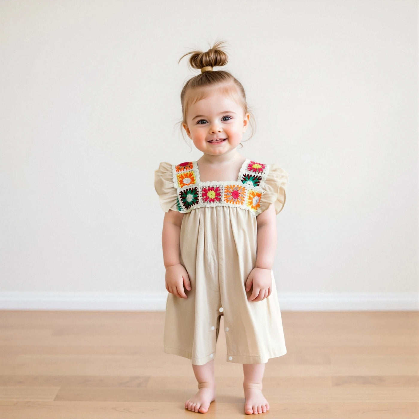 Infant Baby Girl Summer Romper Retro Ethnic Style Fly Sleeve Square Neck Floral Embroidery Wide Leg Shorts Jumpsuit Playsuit