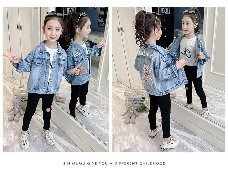 3 4 6 8 10 12 Years Teen Girls Denim Jacket Spring New Fashion Bear Sequin Cowboy Coats For Girls Children Outwear Birthday Gift