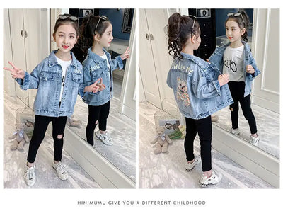 3 4 6 8 10 12 Years Teen Girls Denim Jacket Spring New Fashion Bear Sequin Cowboy Coats For Girls Children Outwear Birthday Gift