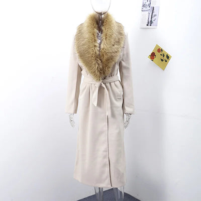 Elegant Fur Lapel Long Coat Women With Belt Woolen Full Sleeve Lace Up Loose Thicken Overcoat 2025 Spring Solid Pocket Outwear