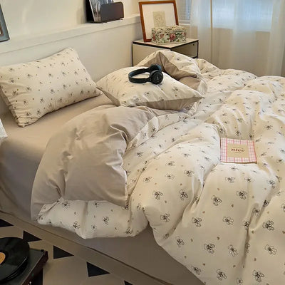 Green Floral Bedding Set Twin Full Queen Size Duvet Cover for Girls Flat Sheet Pillowcase Washed Cotton Home Linens
