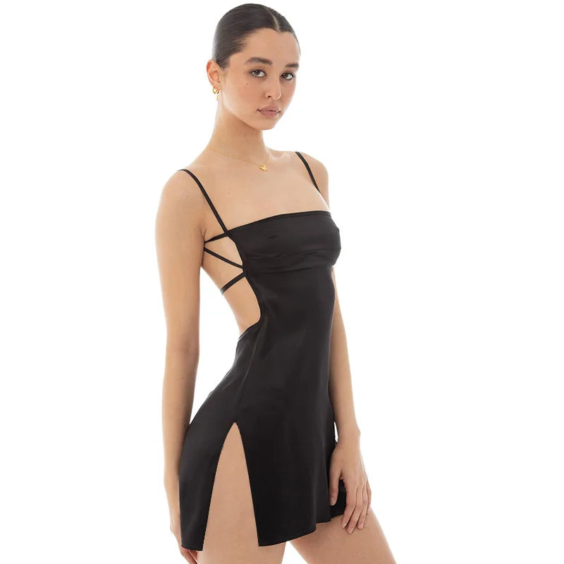 New Summer Sexy Backless Bodycon Satin Mini Dress Women Sleeveless Streetwear Strap Dress Party Club Elegant Y2k Clothes Dresses