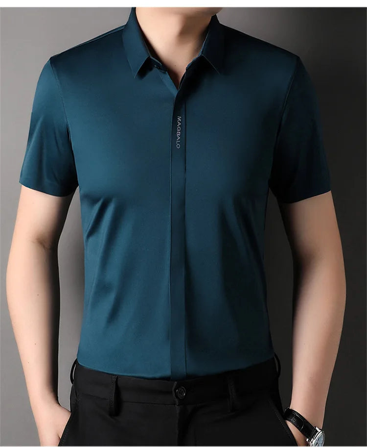 Summer New High-grade Hidden Button Men's Light Luxury Short Sleeve Shirts Men High Elastic Business Anti-wrinkle Ice Silk Shirt