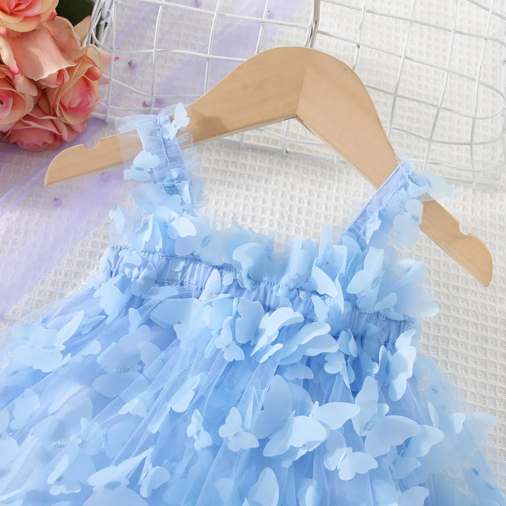 (0-3 Years) Summer New Baby Girls Dress Solid Color Halter Butterfly Embellished A-Line Skirt Mesh Sweet Princess Dress