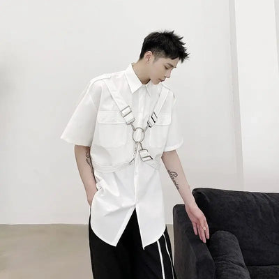 Summer trendy brand dark functional style short sleeved shirt with men's personality strap metal ring ribbon half sleeved trend