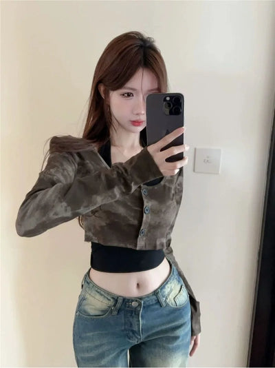 Y2k Halter Top Tie Dye Long Sleeved T Shirts Strap 2 Piece Set Korean Sexy Slim Fit Crop Tops Autumn Girl Interior Harajuku Tee