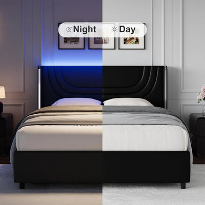 Queen Bed Frame with LED Lights, Faux Leather Upholstered Platform with Silver Wingback Headboard, Modern Style