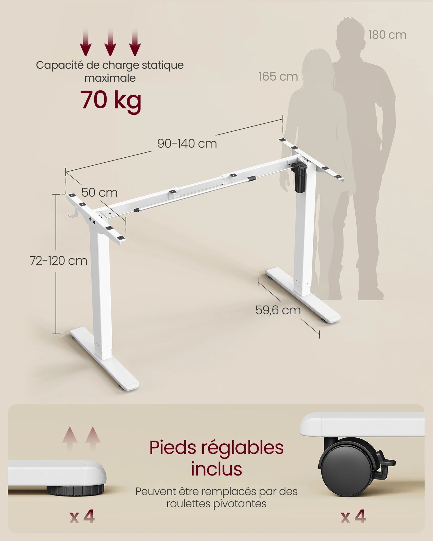 Electric Height Adjustable Desk, without Table Top, with 2 Hooks, 3 Height Memory Function, Steel, Matte White