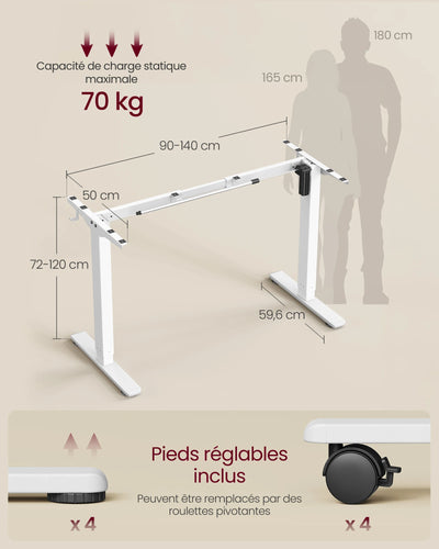 Electric Height Adjustable Desk, without Table Top, with 2 Hooks, 3 Height Memory Function, Steel, Matte White