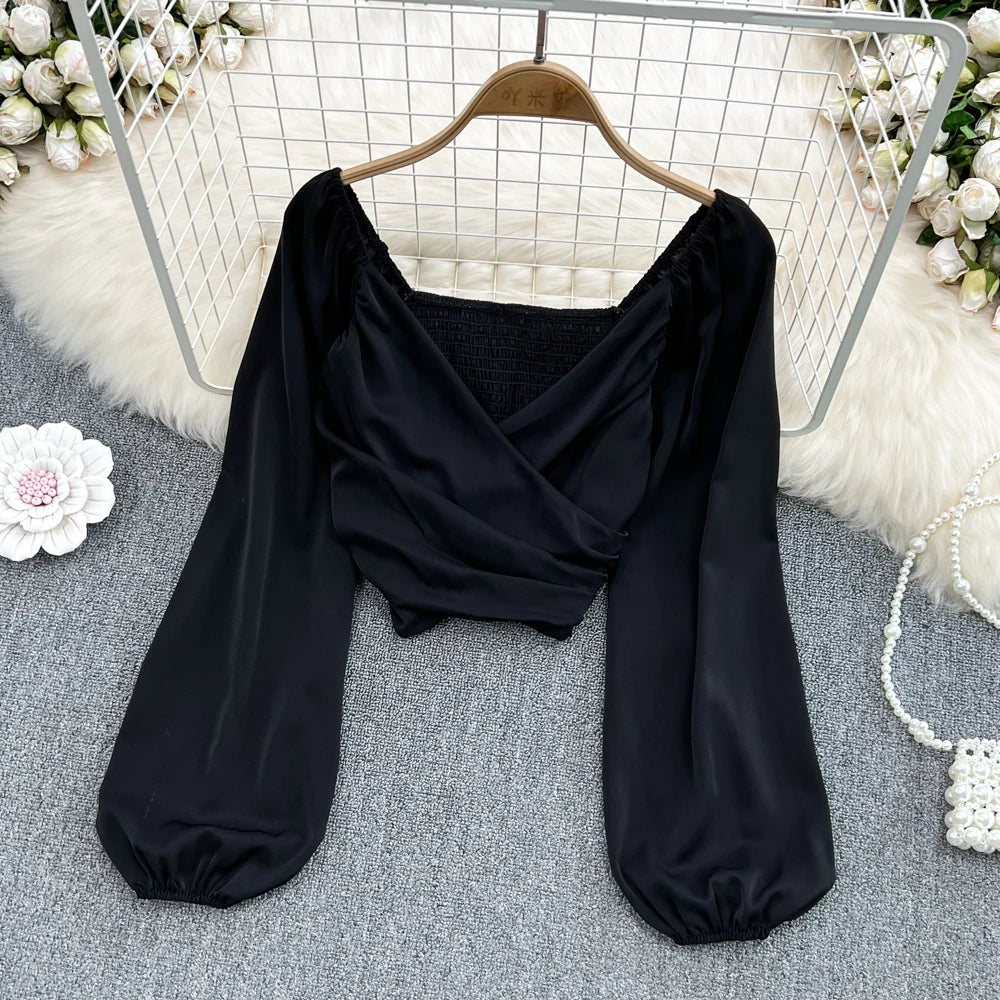Chic Puff Long Sleeve Criss-cross Slim Blouse Korean Fashion Pleated Crop Top Sexy Shirt Hotsweet Spring Autumn Women Clothes