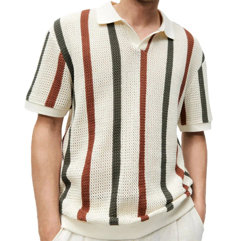 Men's Sexy See-through Knit Shirt Breathable Hollow Striped Shirt Summer New Men's Thin Coat Men's Clothing Hawaiian Shirt Tops