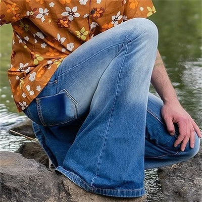 Men's Punk Style Splicing Pocket Embroidery Large Flared Jeans Male Vintage Four Seasons Blue Trousers Street Casual Denim Pants