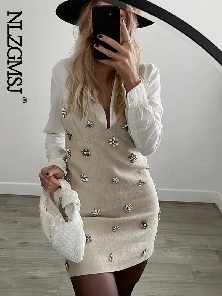 Nlzgmsj  2024 Women Chic Fashion Sleeveless Lnlay Mini Dress Vintage Thin Straps Summer Female Dresses Vestidos Mujer