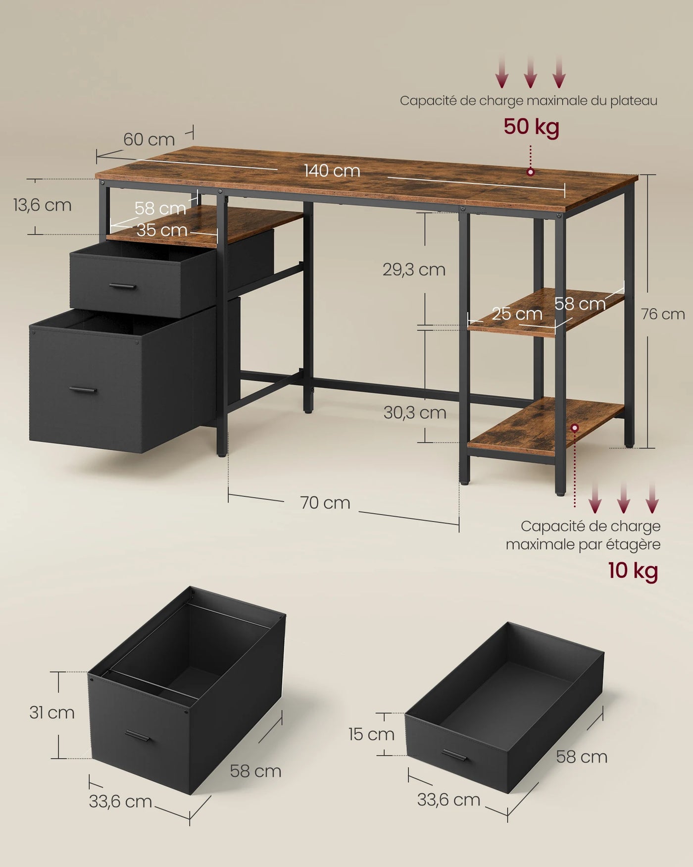 Computer Desk, 3 Shelves, 2 Drawers, 60 x 140 x 76 cm, Rustic Brown and Black/Natural Oak and Pearl White Color