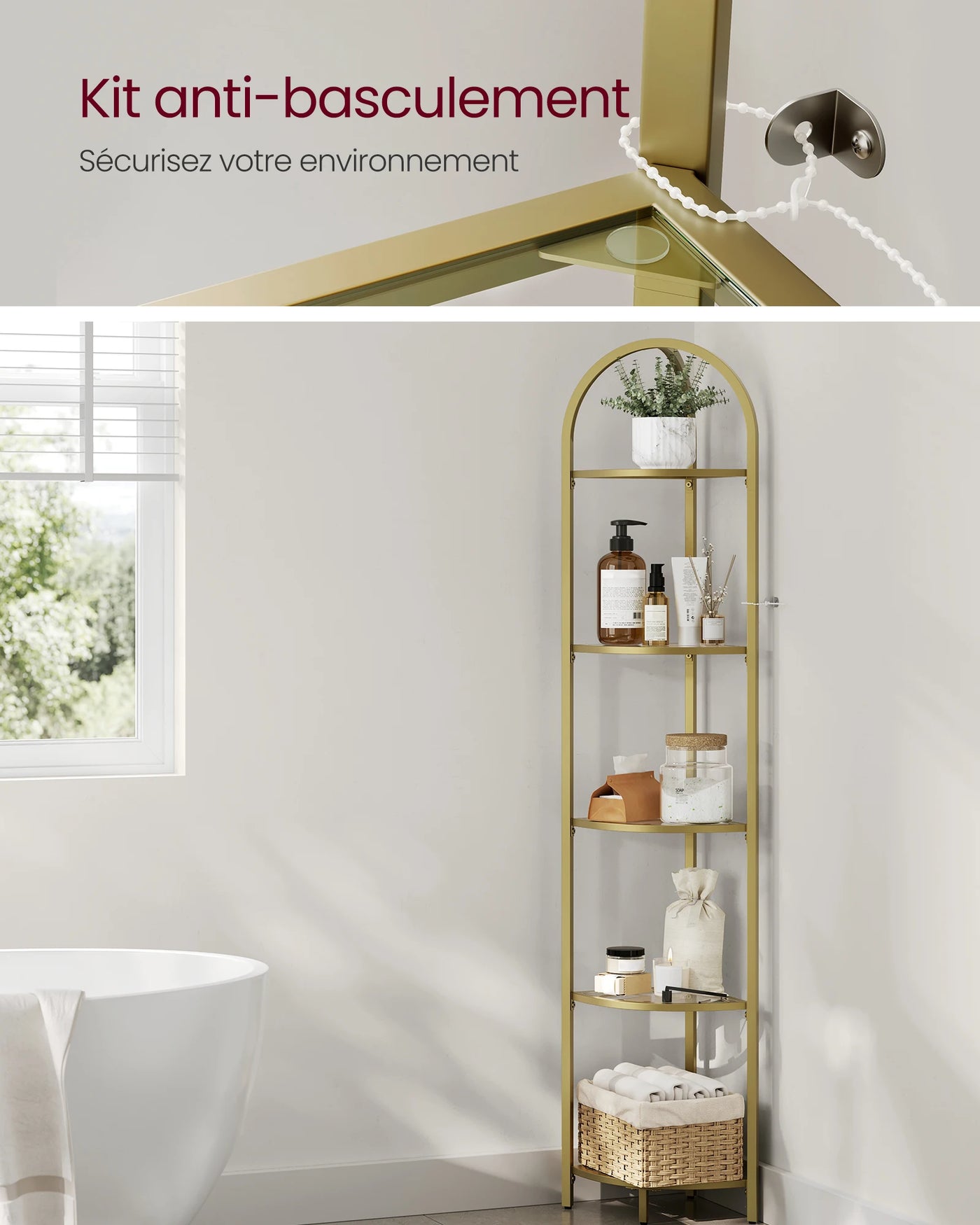 VASAGLE Corner Shelf, 5-Tier Plant Stand, Freestanding Glass Shelf Tower, High Storage Shelves for Living Room, Bathroom