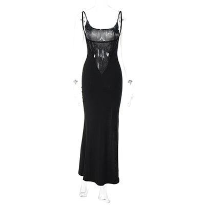 Dulzura Sleeveless Side Slit Lace Patchwork Backless Cami Maxi Dress Women’S Sexy Elegant Long Dress Party Clubwear Autumn