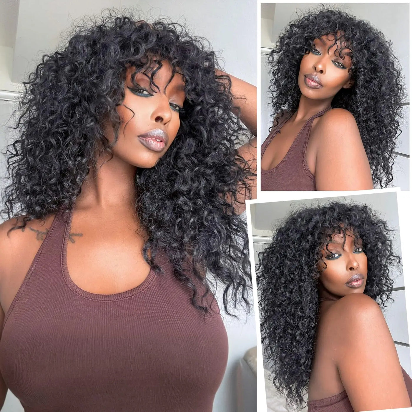 12A Cheap Water Wave Brazilian Human Hair Wig With Bangs Machine Made Wigs for Black Women Deep Wave Curly Wigs On Promotion