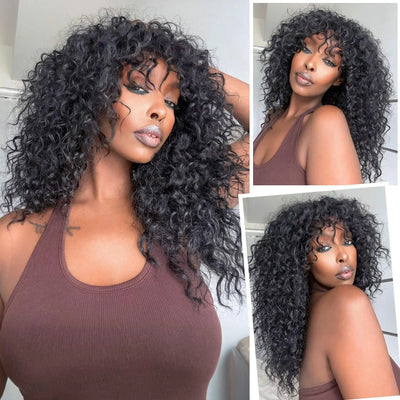 12A Cheap Water Wave Brazilian Human Hair Wig With Bangs Machine Made Wigs for Black Women Deep Wave Curly Wigs On Promotion