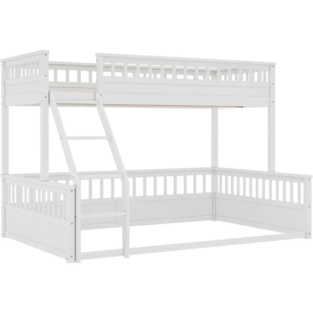Low Bunk Beds Twin XL Over Queen Floor Bunk Bed with Ladder and Guardrail Wood Detachable Bunk Bed Frame for Boys, Girls, No Spr